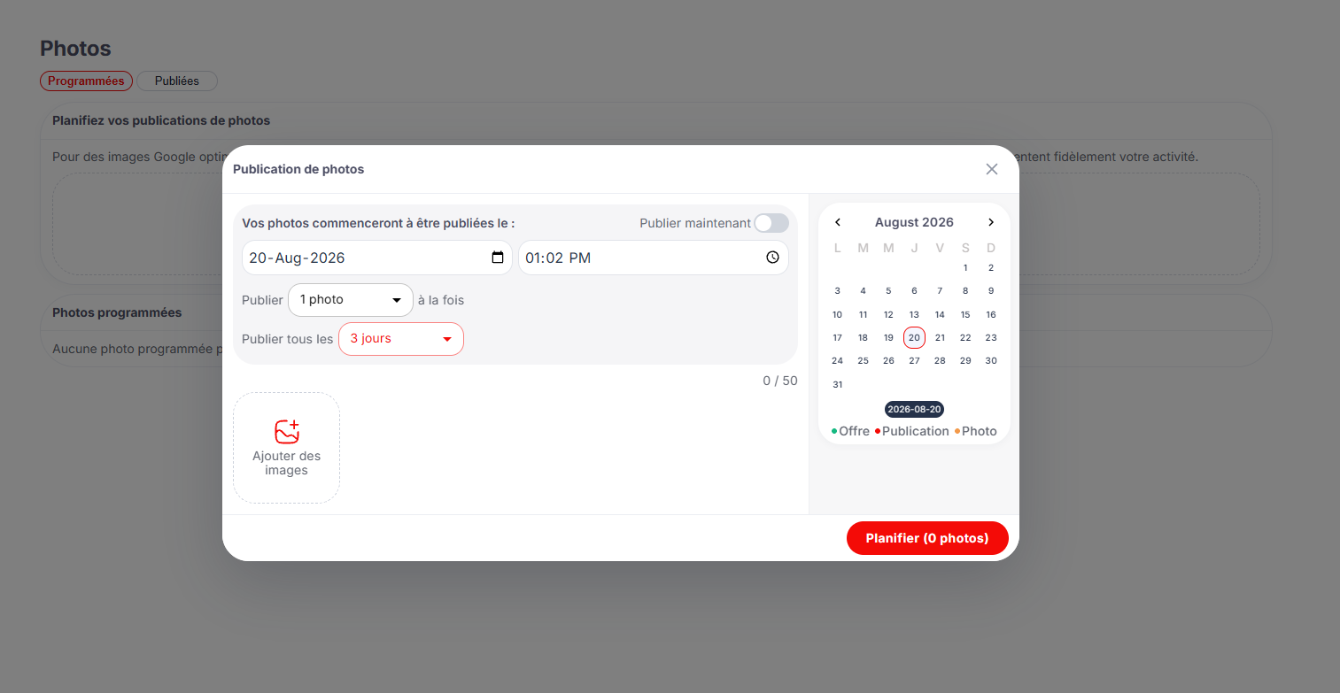 Interface de programmation des photos dans Gifty SEO