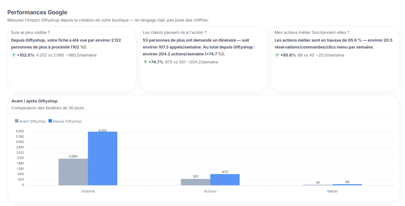 Interface des performances Google avec données de démonstration